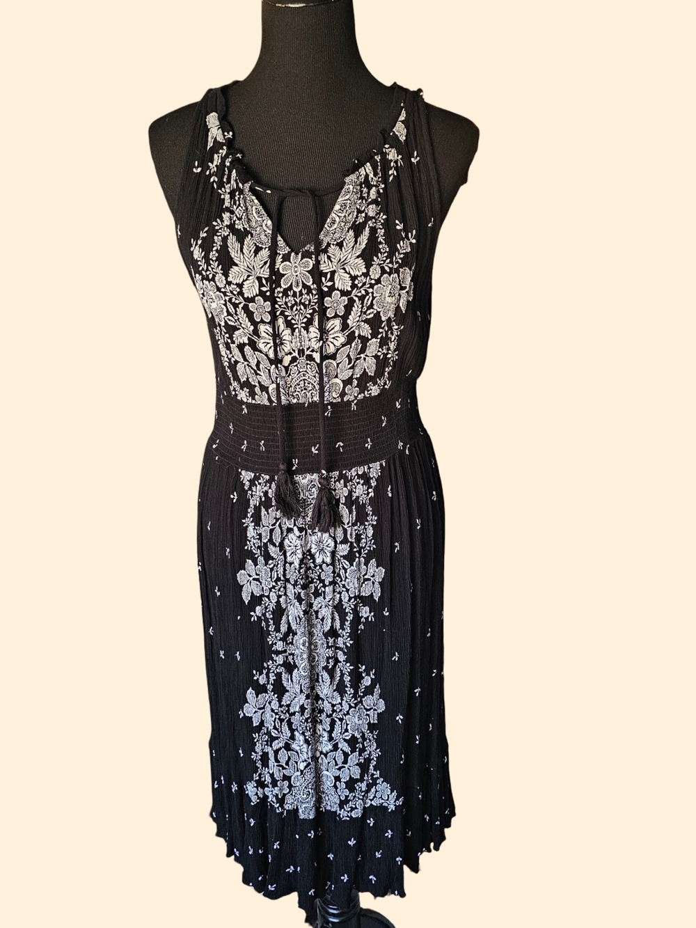 Bila Black Floral Midi Dress Medium Boho Smocked Waist